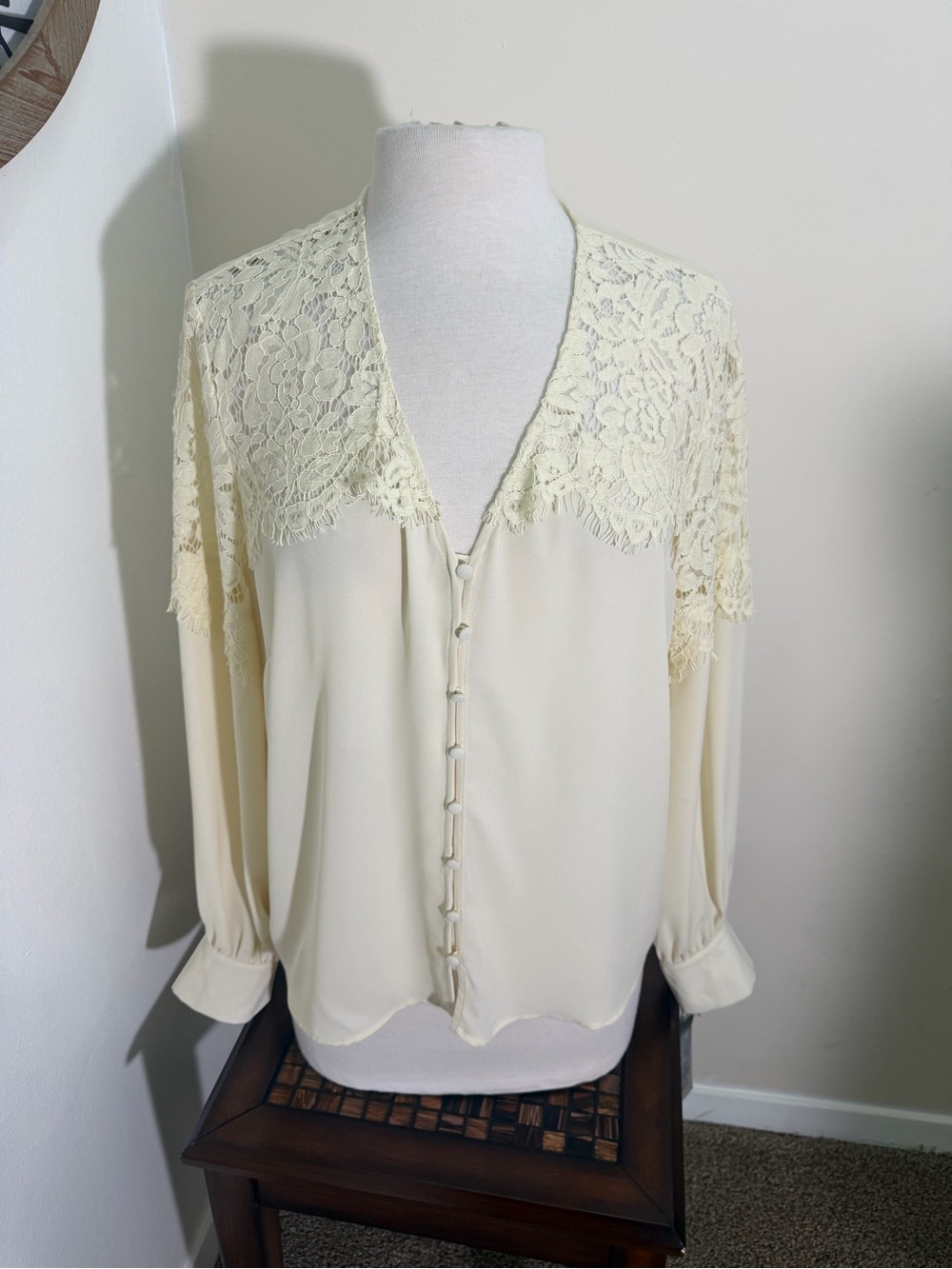 Nicole Miller Cream Lace Yoke Button-Front Blouse